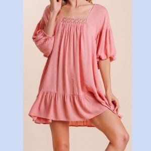 New UMGEE S M Pink Swiss Dot Lace  Balloon Sleeve String Tie Dress Ruffle Hem